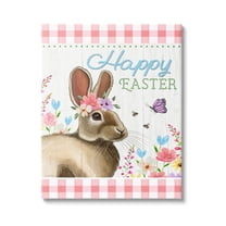 Stupell Happy Easter Floral Gingham Rabbit Holiday Painting Gallery Wrapped Canvas Print Wall Art