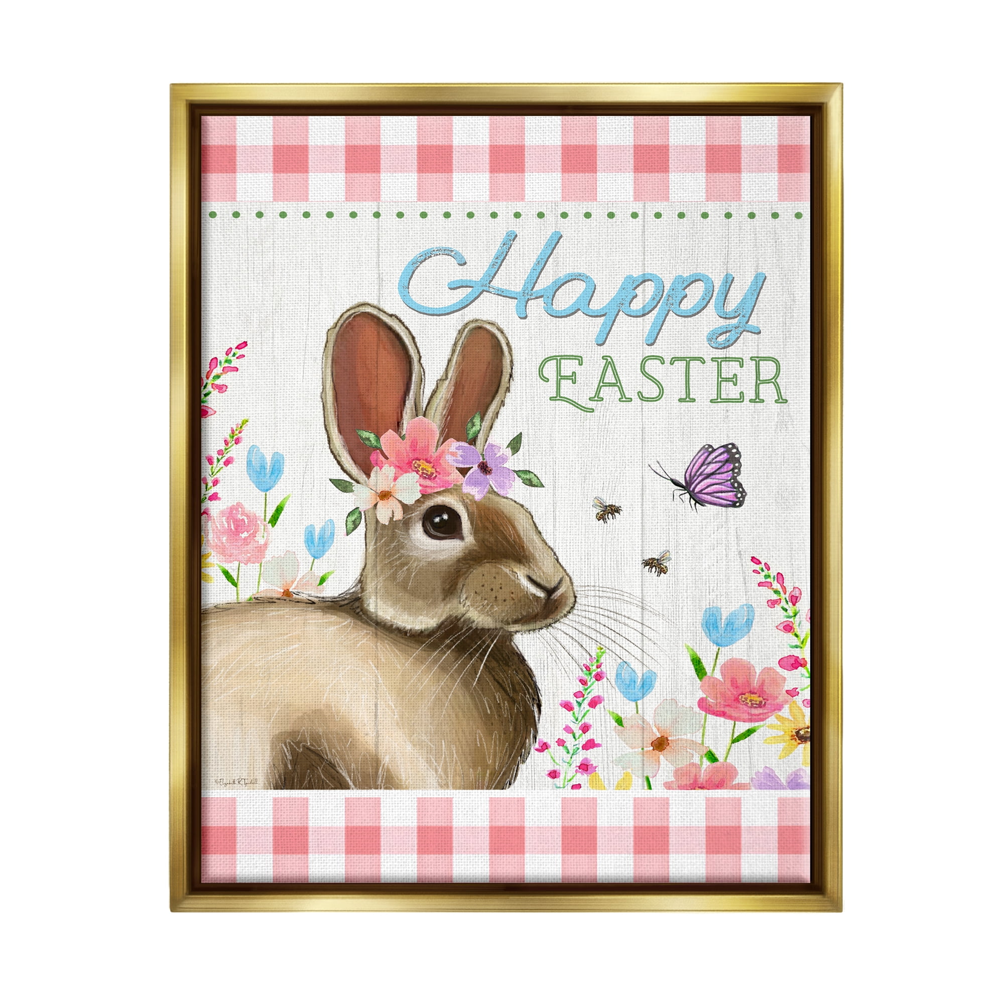 Stupell Happy Easter Floral Gingham Rabbit Holiday Painting Gold Floater Framed Art Print Wall Art