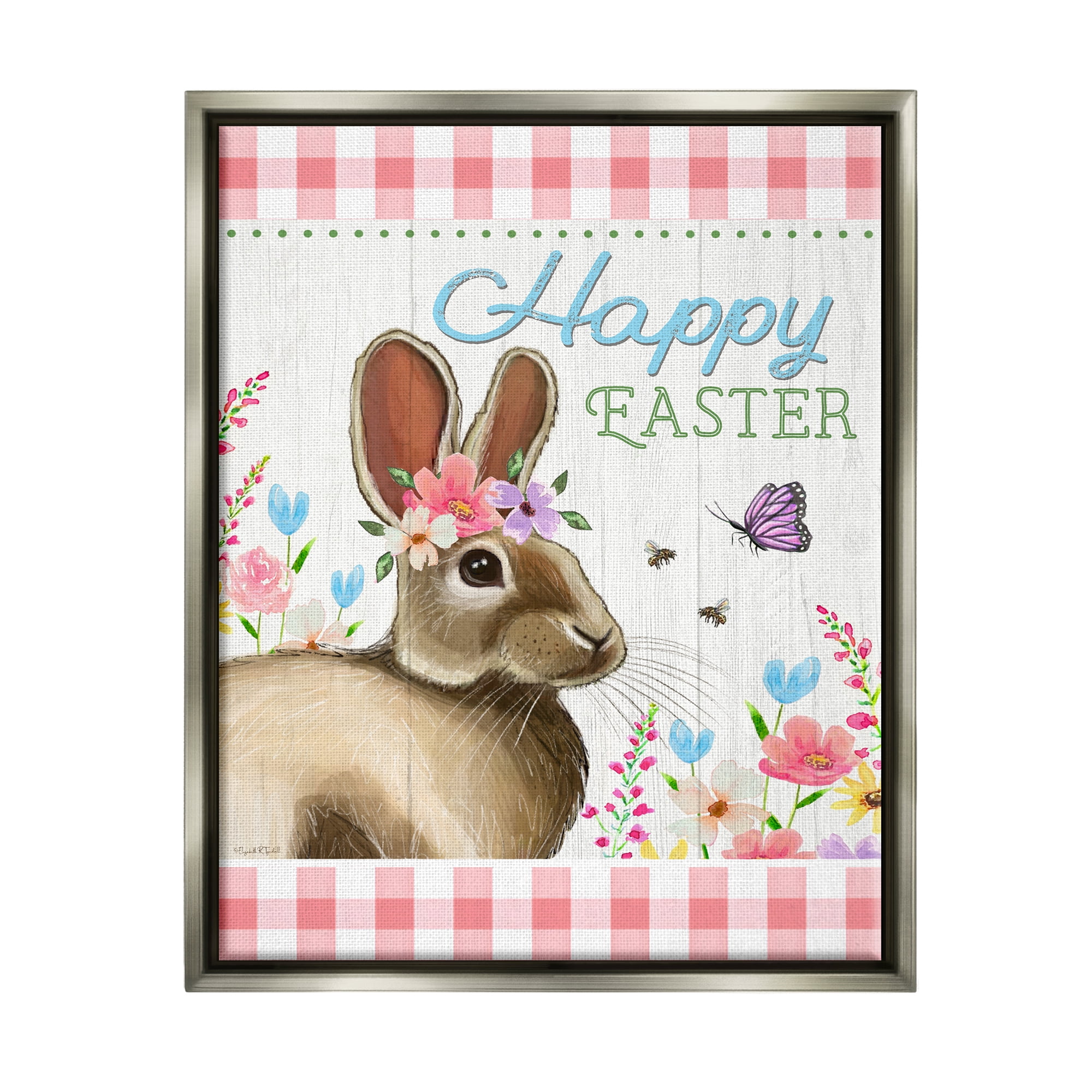 Stupell Happy Easter Floral Gingham Rabbit Holiday Painting Gray Floater Framed Art Print Wall Art