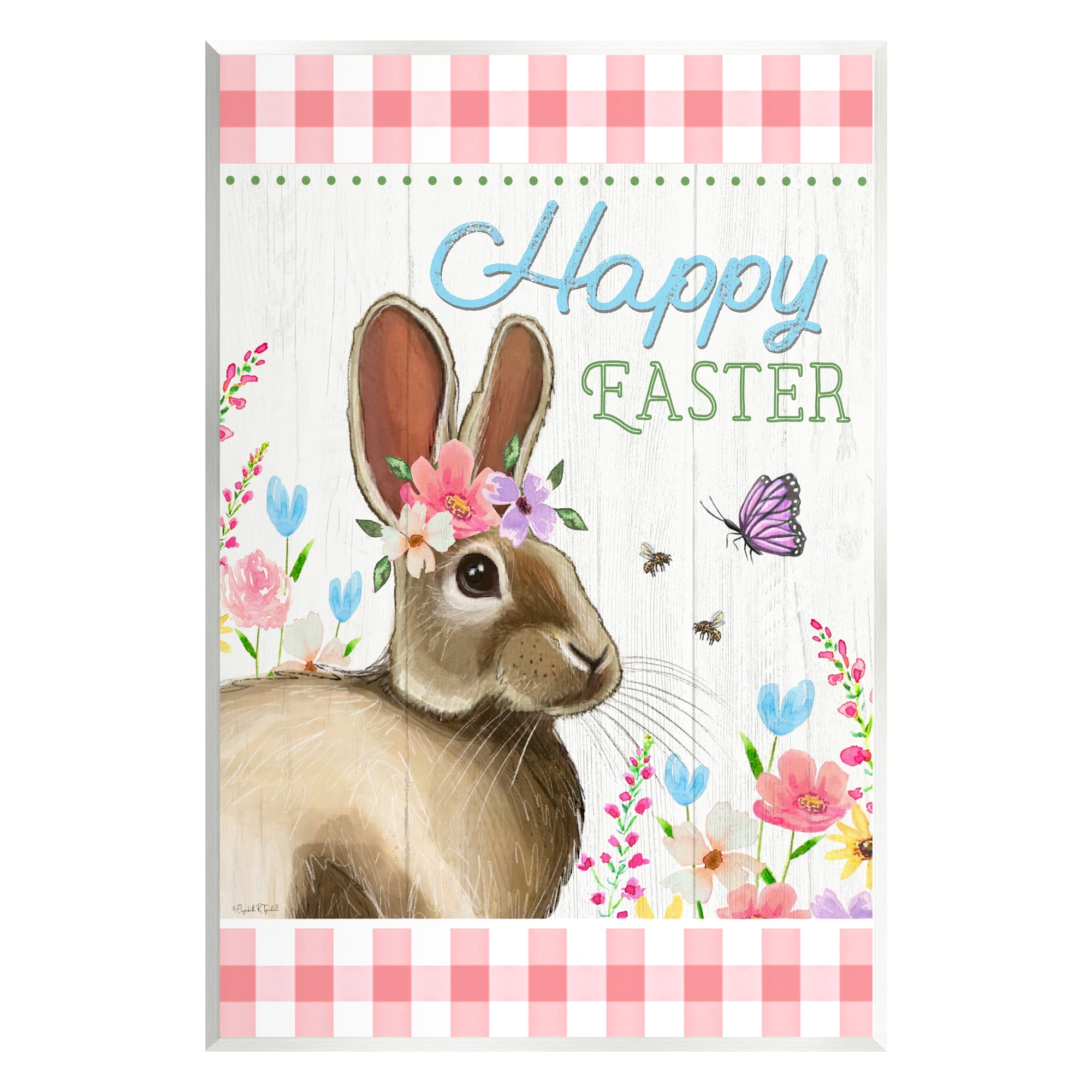 Stupell Happy Easter Floral Gingham Rabbit Holiday Painting Wall Plaque Unframed Art Print Wall Art