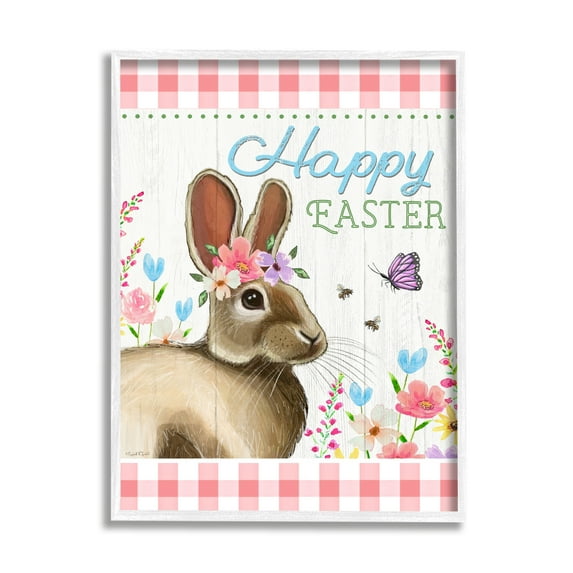 Stupell Happy Easter Floral Gingham Rabbit Holiday Painting White Framed Art Print Wall Art