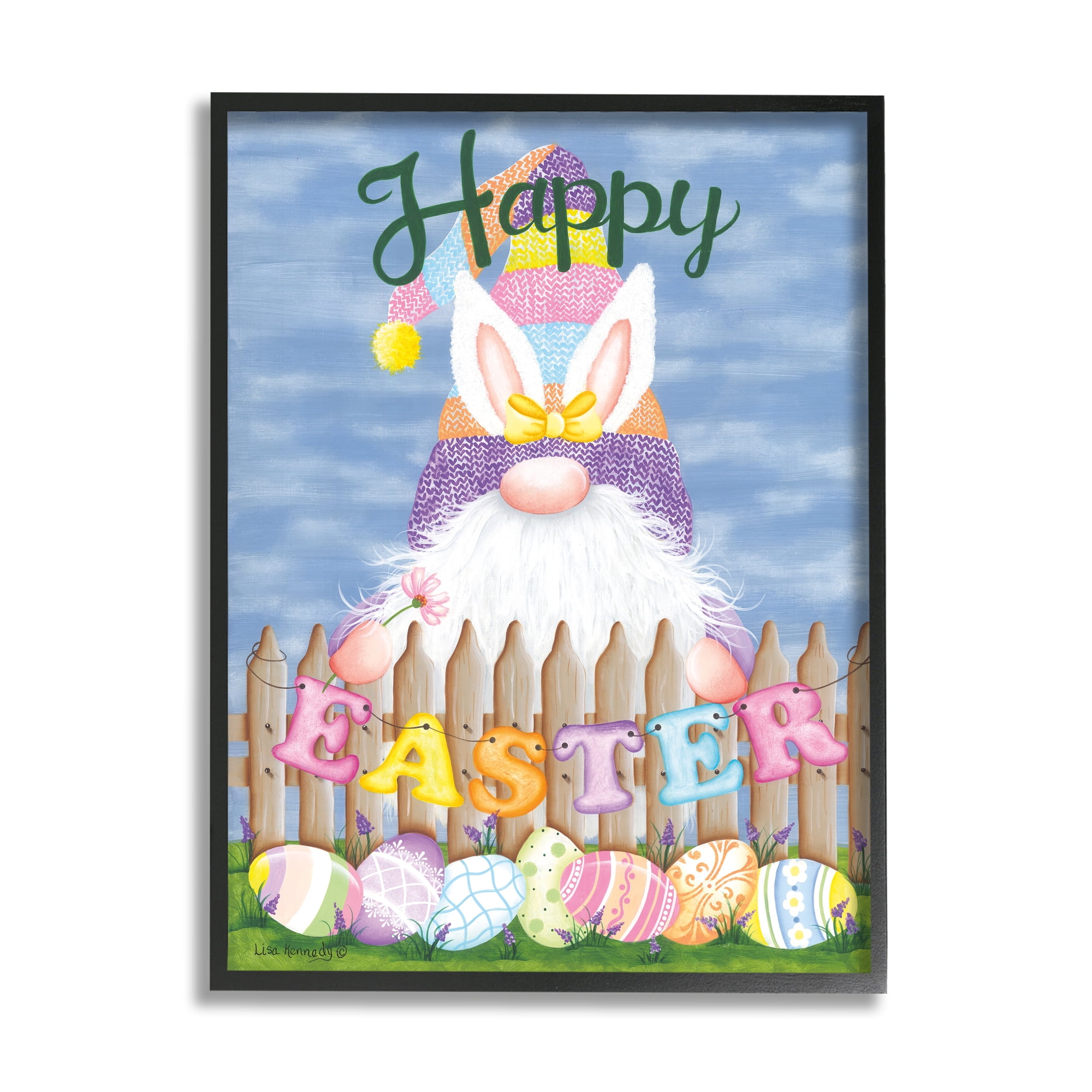Stupell Happy Easter Garden Gnome Eggs Holiday Painting Black Framed Art Print Wall Art