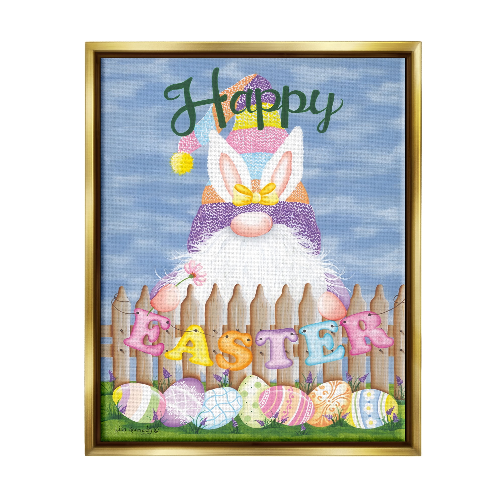 Stupell Happy Easter Garden Gnome Eggs Holiday Painting Gold Floater Framed Art Print Wall Art