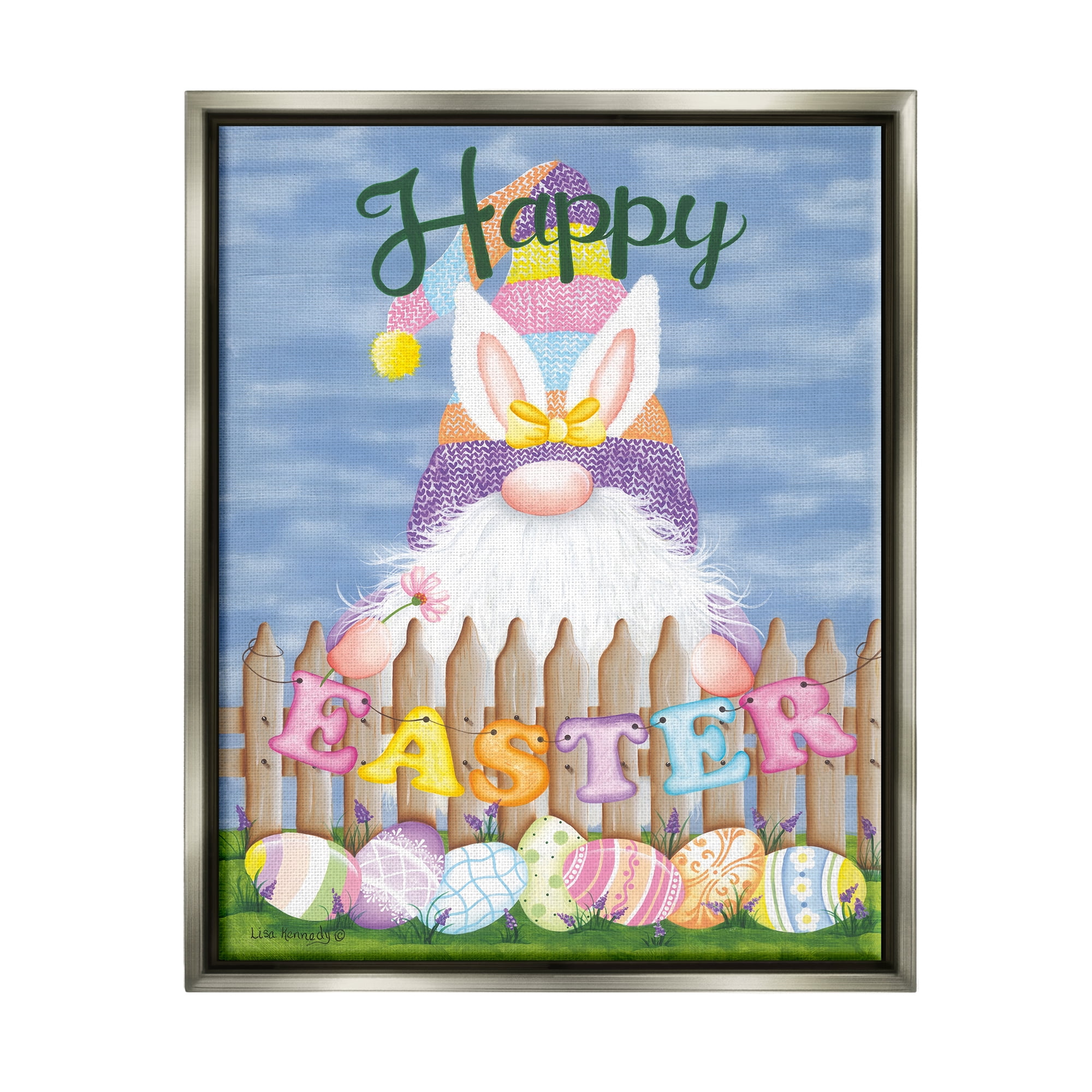 Stupell Happy Easter Garden Gnome Eggs Holiday Painting Gray Floater Framed Art Print Wall Art
