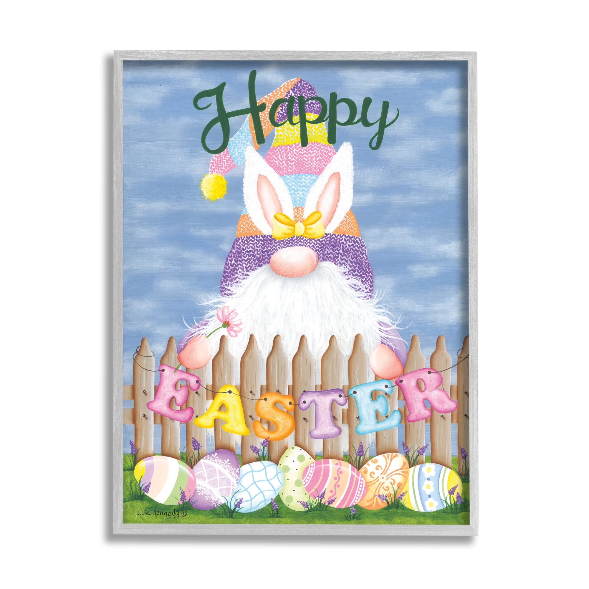 Stupell Happy Easter Garden Gnome Eggs Holiday Painting Gray Framed Art Print Wall Art