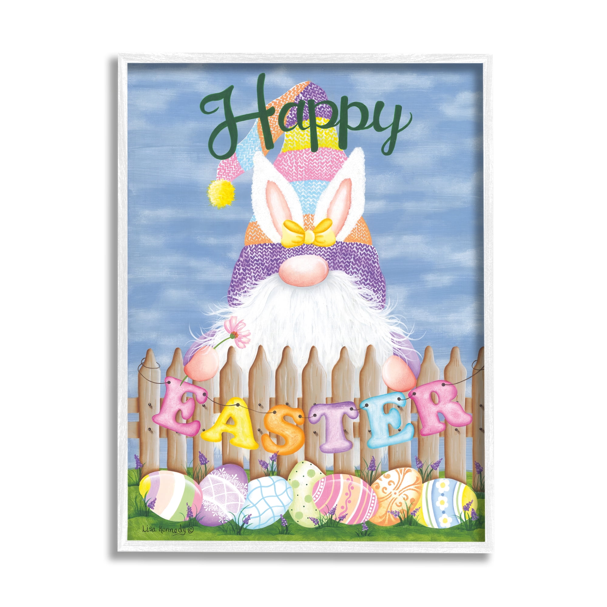 Stupell Happy Easter Garden Gnome Eggs Holiday Painting White Framed Art Print Wall Art