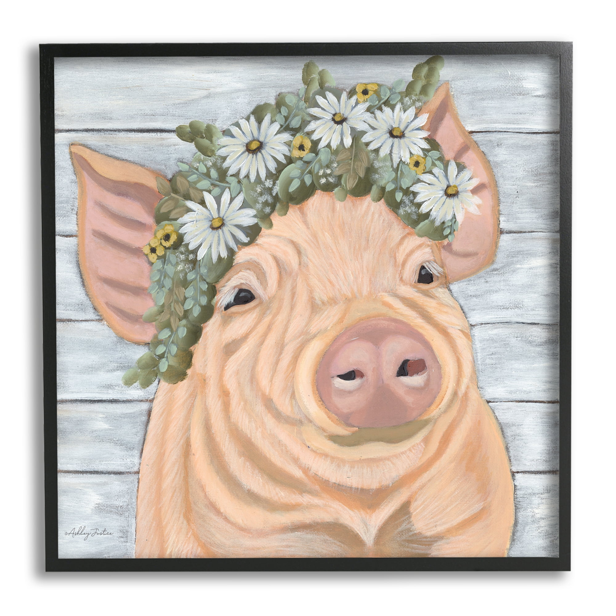 Stupell Happy Pig Daisy Blossom Crown Animals & Insects Painting Black Framed Art Print Wall Art