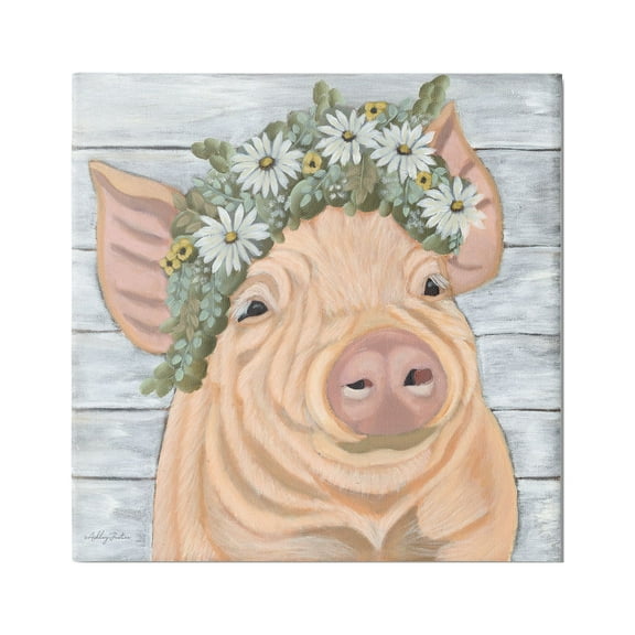 Stupell Happy Pig Daisy Blossom Crown Animals & Insects Painting Gallery Wrapped Canvas Print Wall Art