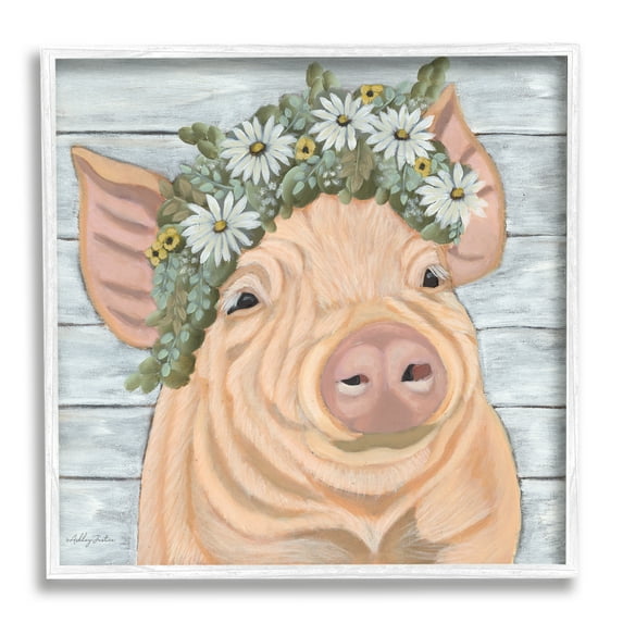 Stupell Happy Pig Daisy Blossom Crown Animals & Insects Painting White Framed Art Print Wall Art