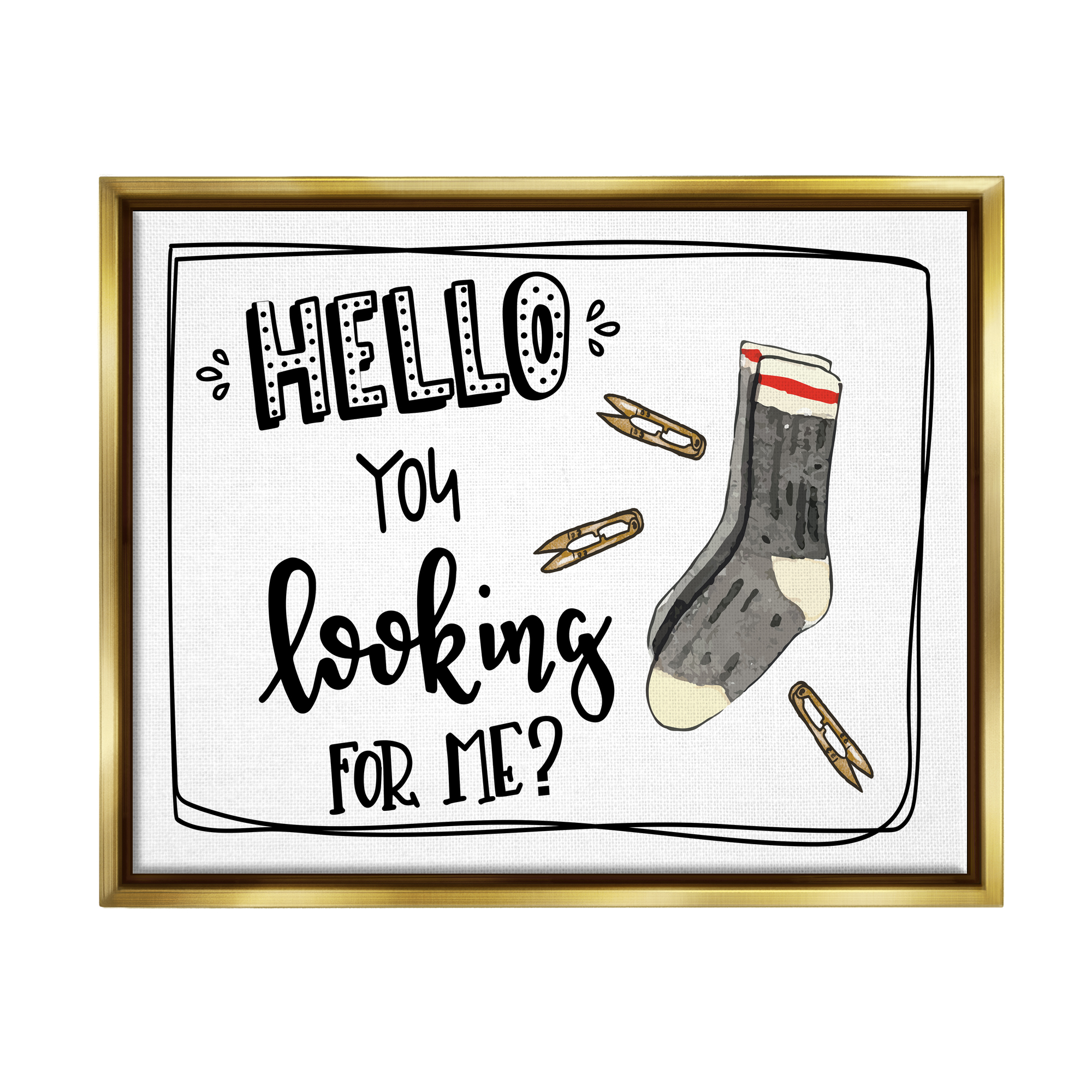 Stupell Hello Looking For Me Missing Sock Laundry Typography Painting Gold Floater Framed Art Print Wall Art