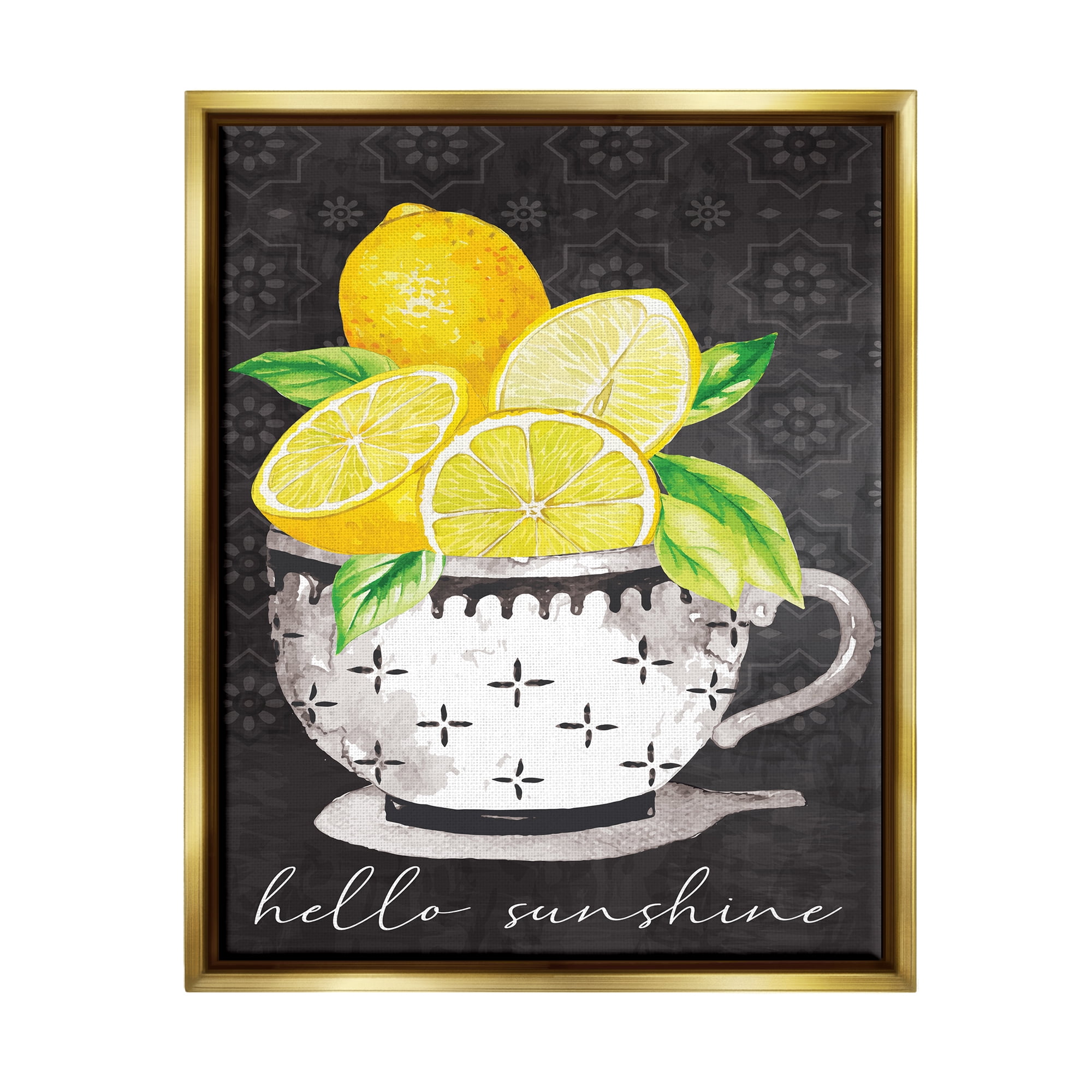 Stupell Hello Sunshine Lemons in Teacup Patterned Food & Beverage Painting Gold Floater Framed Art Print Wall Art