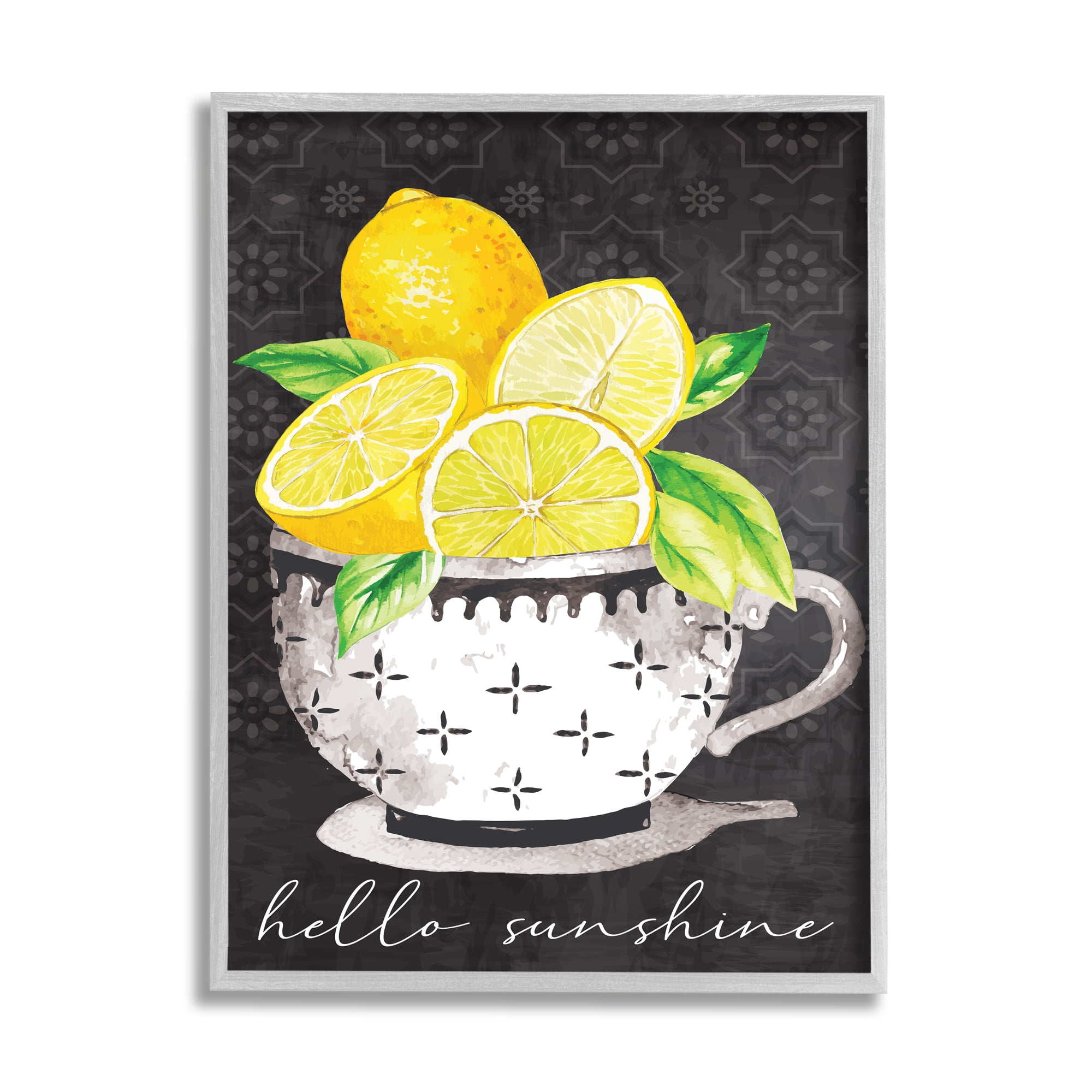 Stupell Hello Sunshine Lemons in Teacup Patterned Food & Beverage Painting Gray Framed Art Print Wall Art