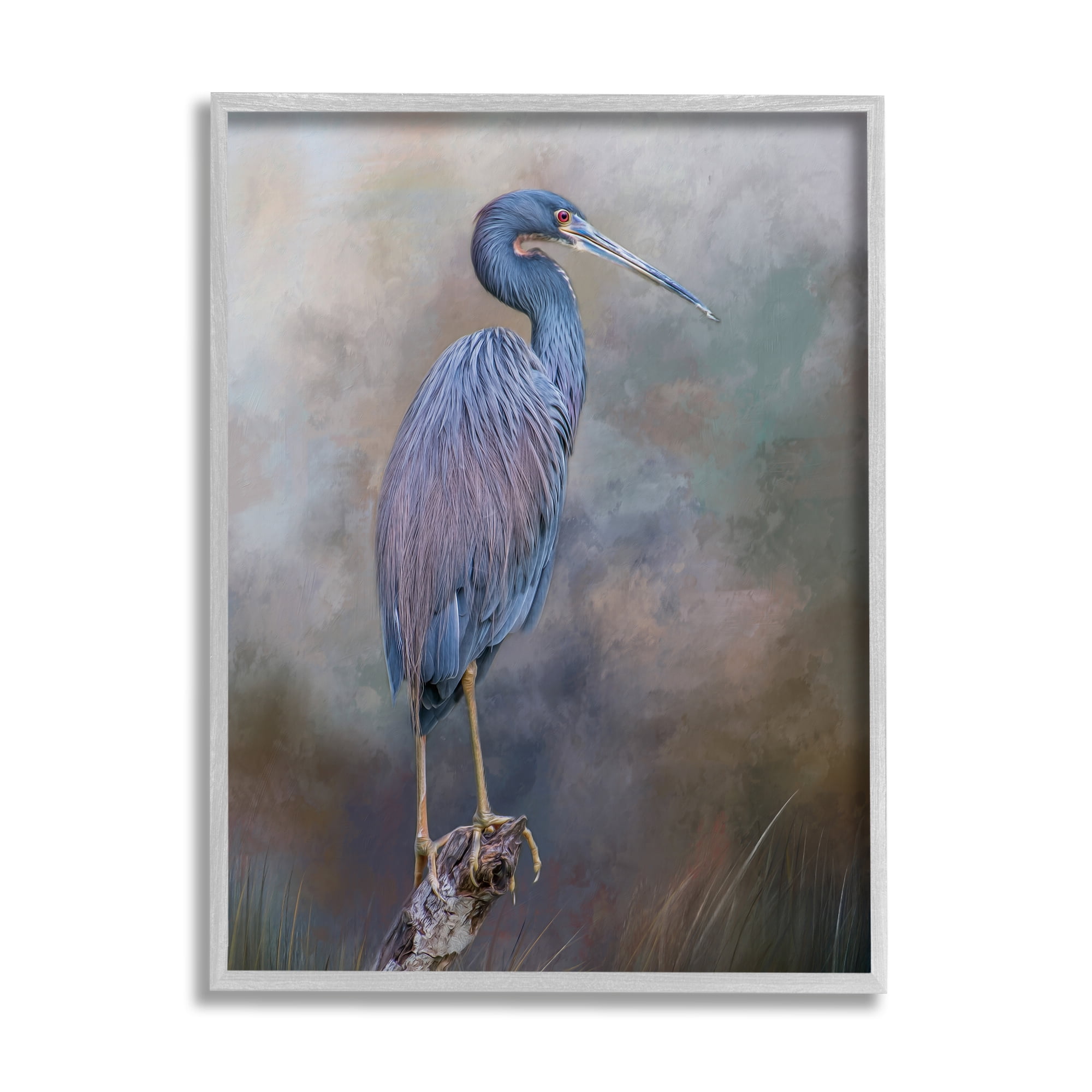 Stupell Heron Bird Perched Woodland Branch Animals & Insects Photography Gray Framed Art Print Wall Art