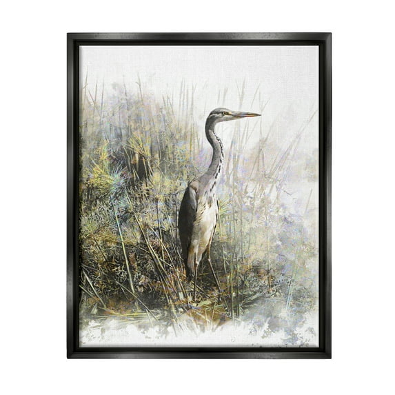 Stupell Heron Bird Water's Edge Pond Animals & Insects Painting Black Floater Framed Art Print Wall Art
