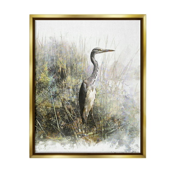 Stupell Heron Bird Water's Edge Pond Animals & Insects Painting Gold Floater Framed Art Print Wall Art