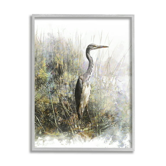Stupell Heron Bird Water's Edge Pond Animals & Insects Painting Gray Framed Art Print Wall Art