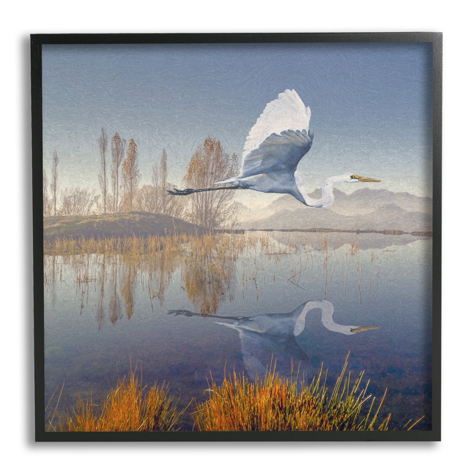 Stupell Heron Flying Lake Reflection Landscape Painting Black Framed Art Print Wall Art