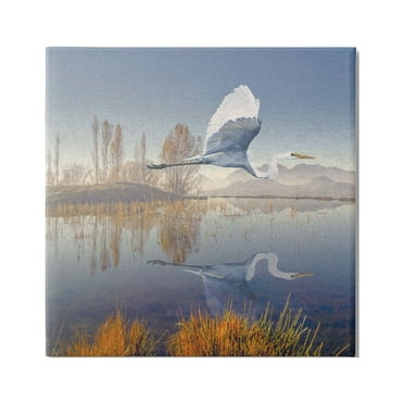 Stupell Heron Flying Lake Reflection Landscape Painting Gallery Wrapped Canvas Print Wall Art