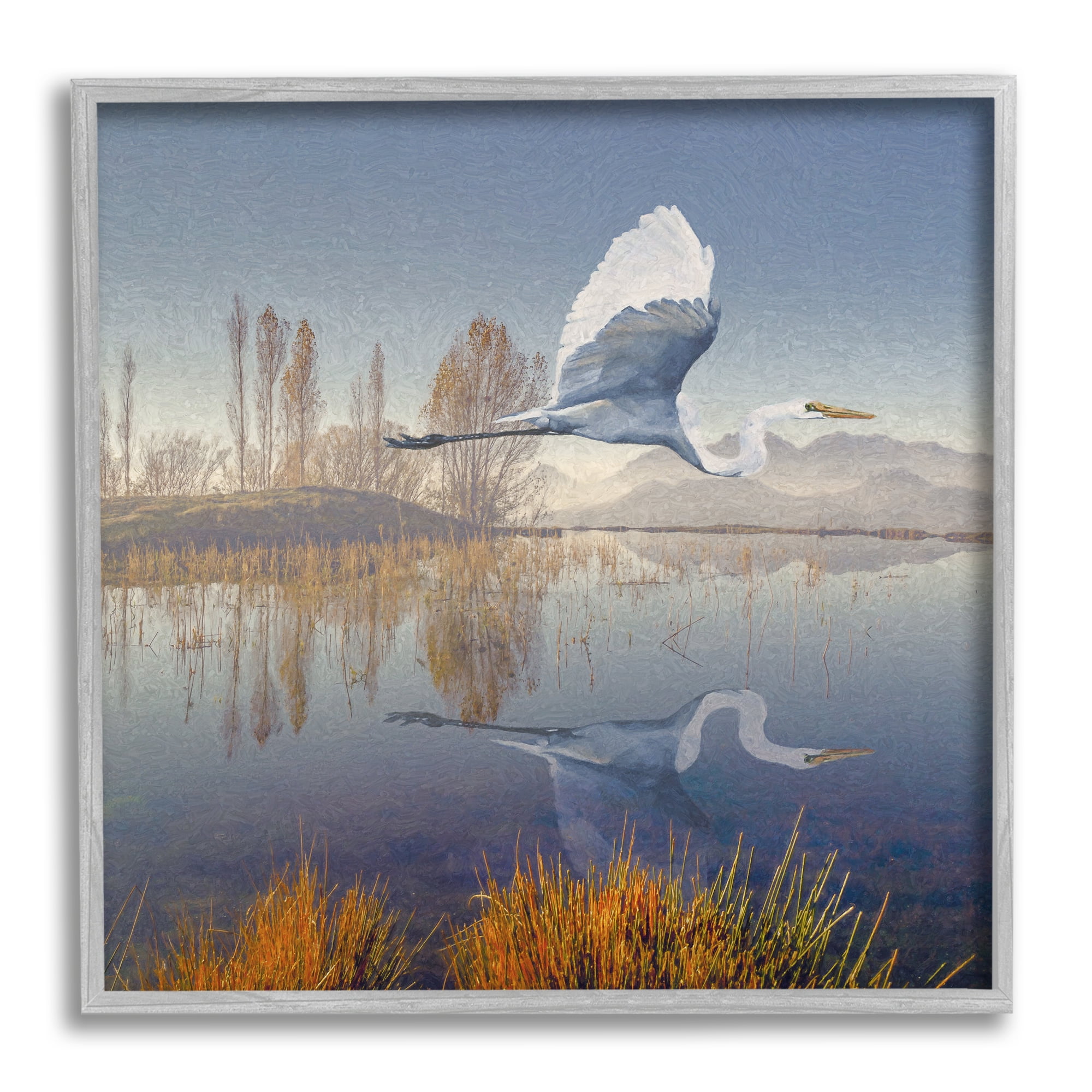 Stupell Heron Flying Lake Reflection Landscape Painting Gray Framed Art Print Wall Art