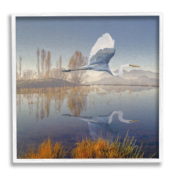 Stupell Heron Flying Lake Reflection Landscape Painting White Framed Art Print Wall Art