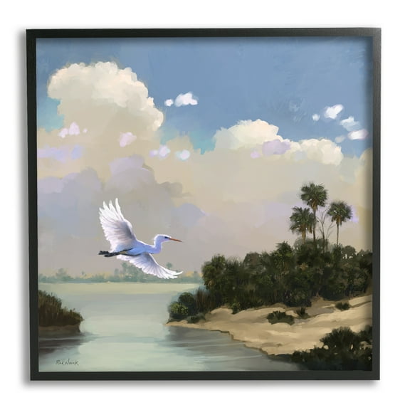 Stupell Heron Flying Over Coastal Inlet Nature Landscape Painting Black Framed Art Print Wall Art