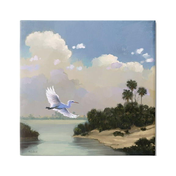 Stupell Heron Flying Over Coastal Inlet Nature Landscape Painting Gallery Wrapped Canvas Print Wall Art