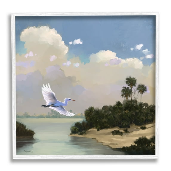 Stupell Heron Flying Over Coastal Inlet Nature Landscape Painting White Framed Art Print Wall Art