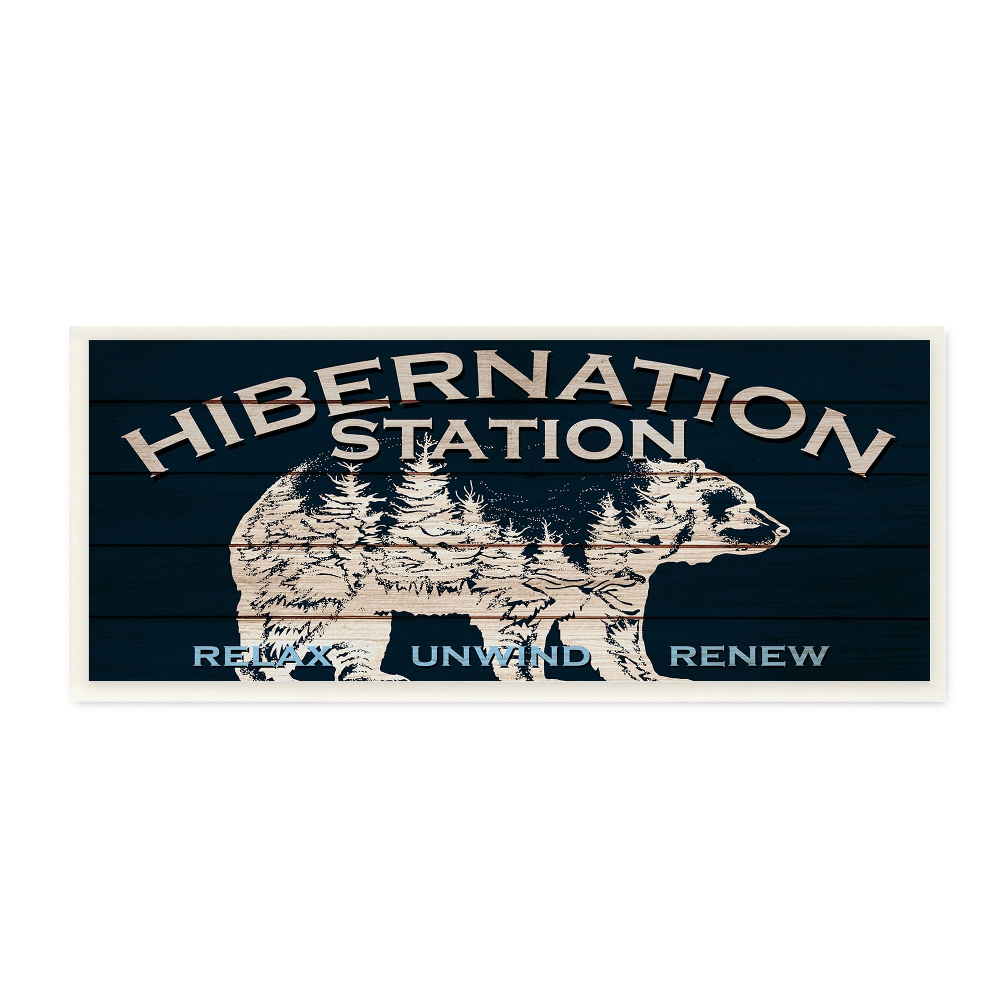Stupell Industries Hibernation Station Sign Wilderness Bear Trees Silhouette Wood Wall Art, 17 x 7, Design by Kim Allen
