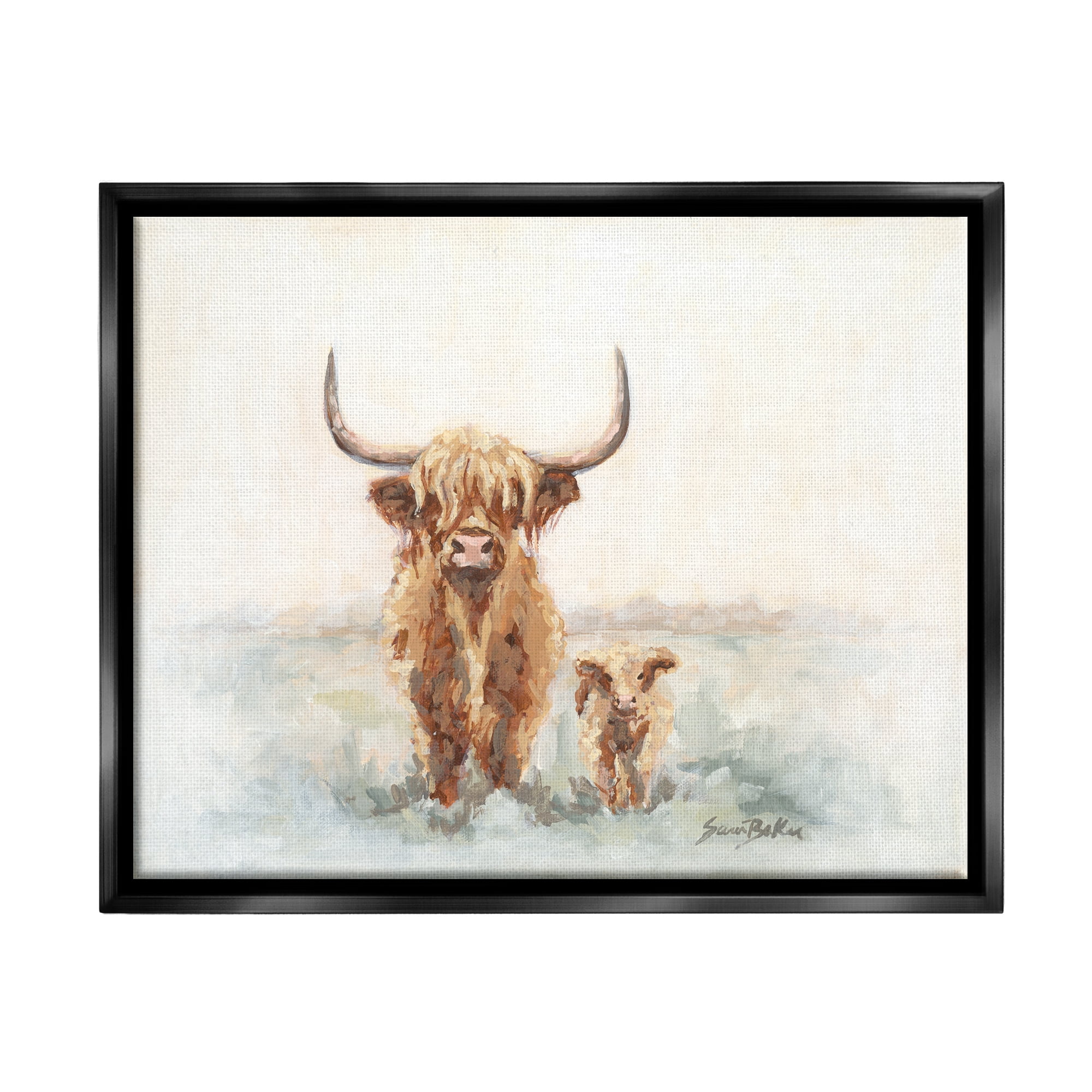 Stupell Highland Cattle & Baby Calf Rural Animals & Insects Painting Black Floater Framed Art Print Wall Art