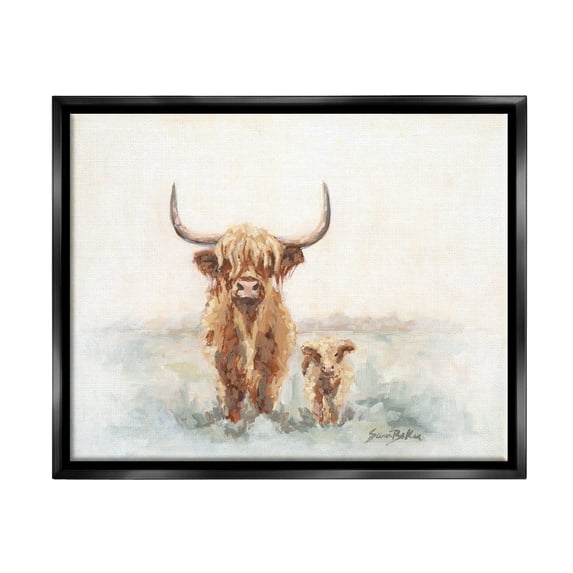 Stupell Highland Cattle & Baby Calf Rural Animals & Insects Painting Black Floater Framed Art Print Wall Art