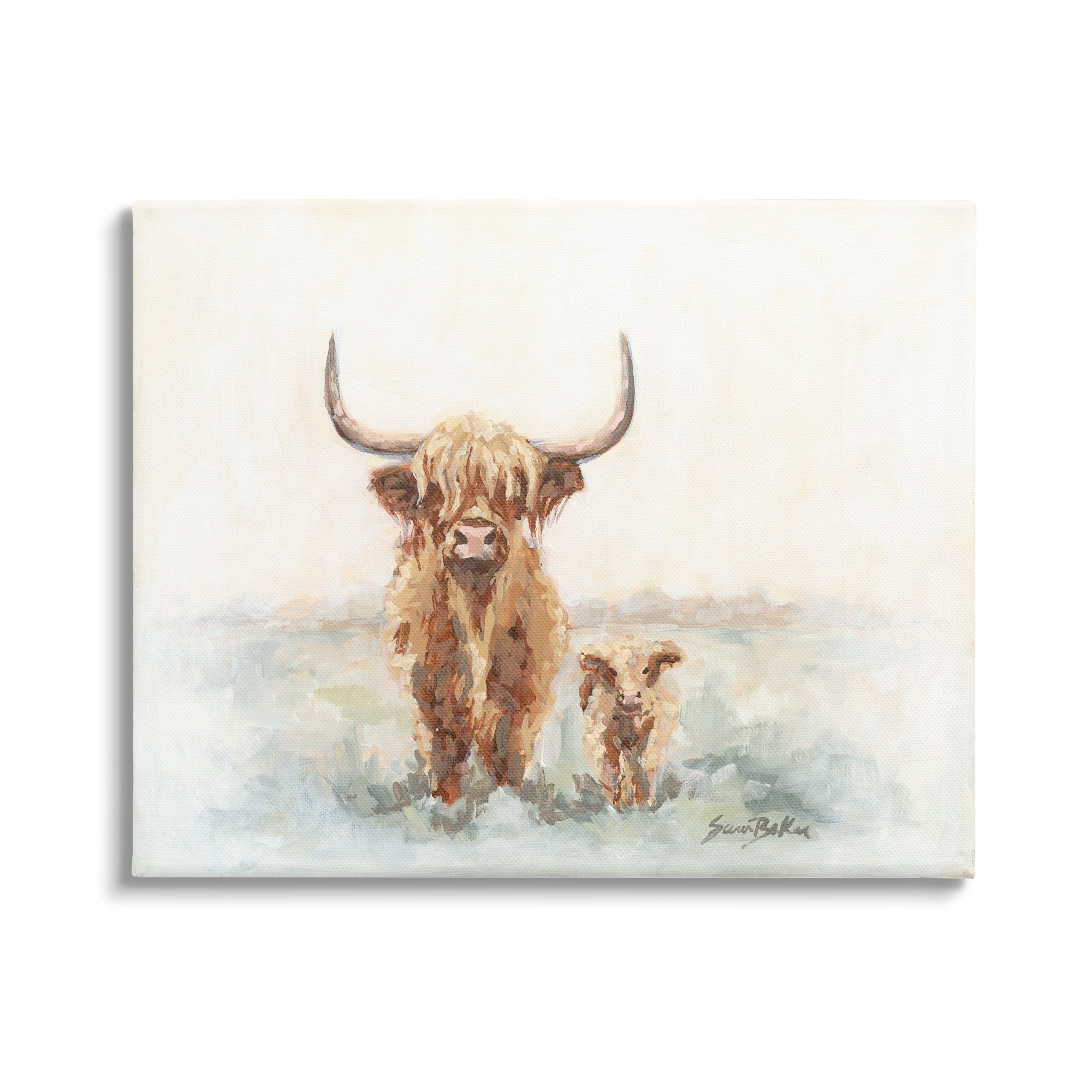 Stupell Highland Cattle & Baby Calf Rural Animals & Insects Painting Gallery Wrapped Canvas Print Wall Art