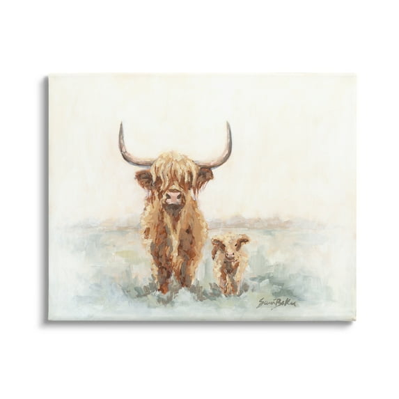 Stupell Highland Cattle & Baby Calf Rural Animals & Insects Painting Gallery Wrapped Canvas Print Wall Art