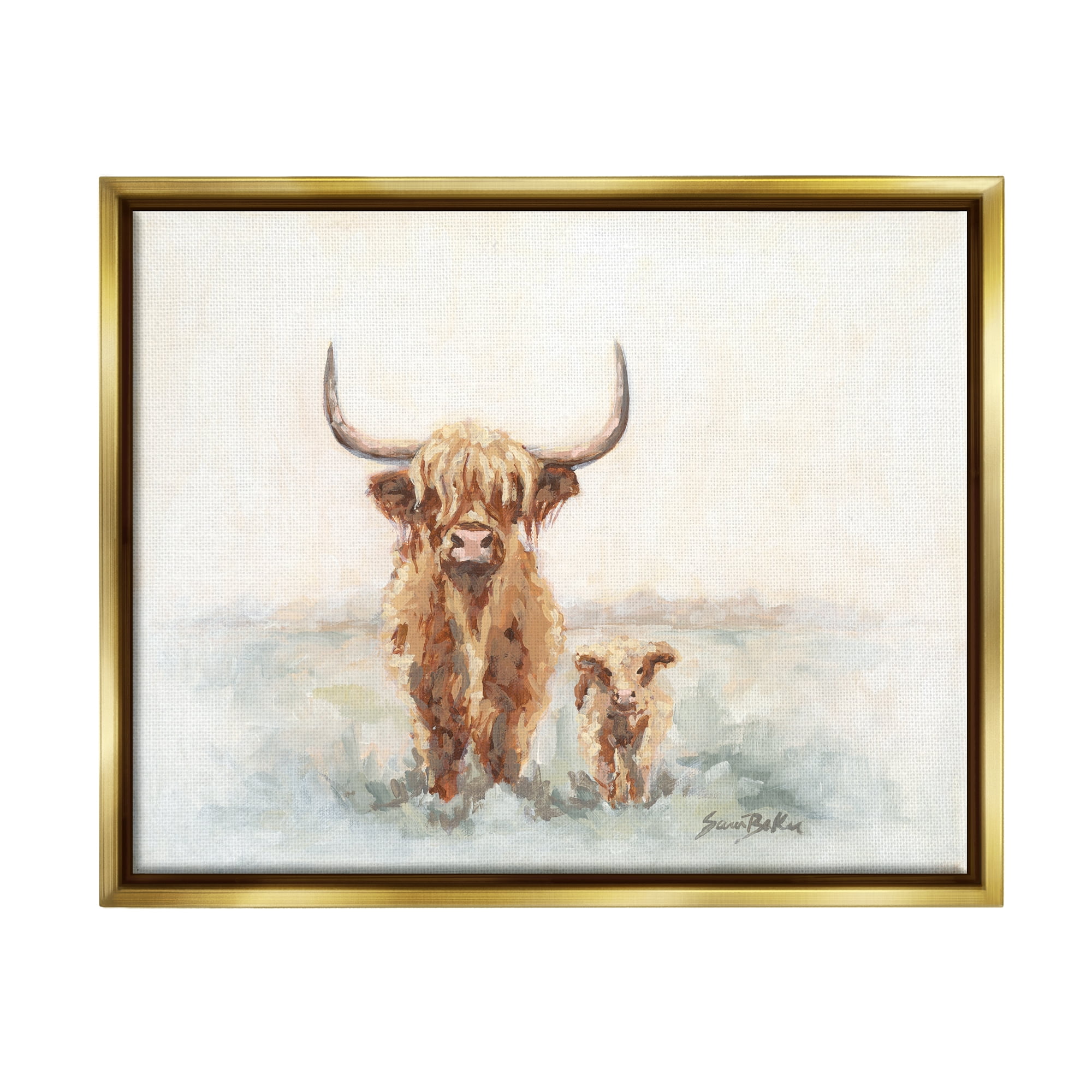 Stupell Highland Cattle & Baby Calf Rural Animals & Insects Painting Gold Floater Framed Art Print Wall Art