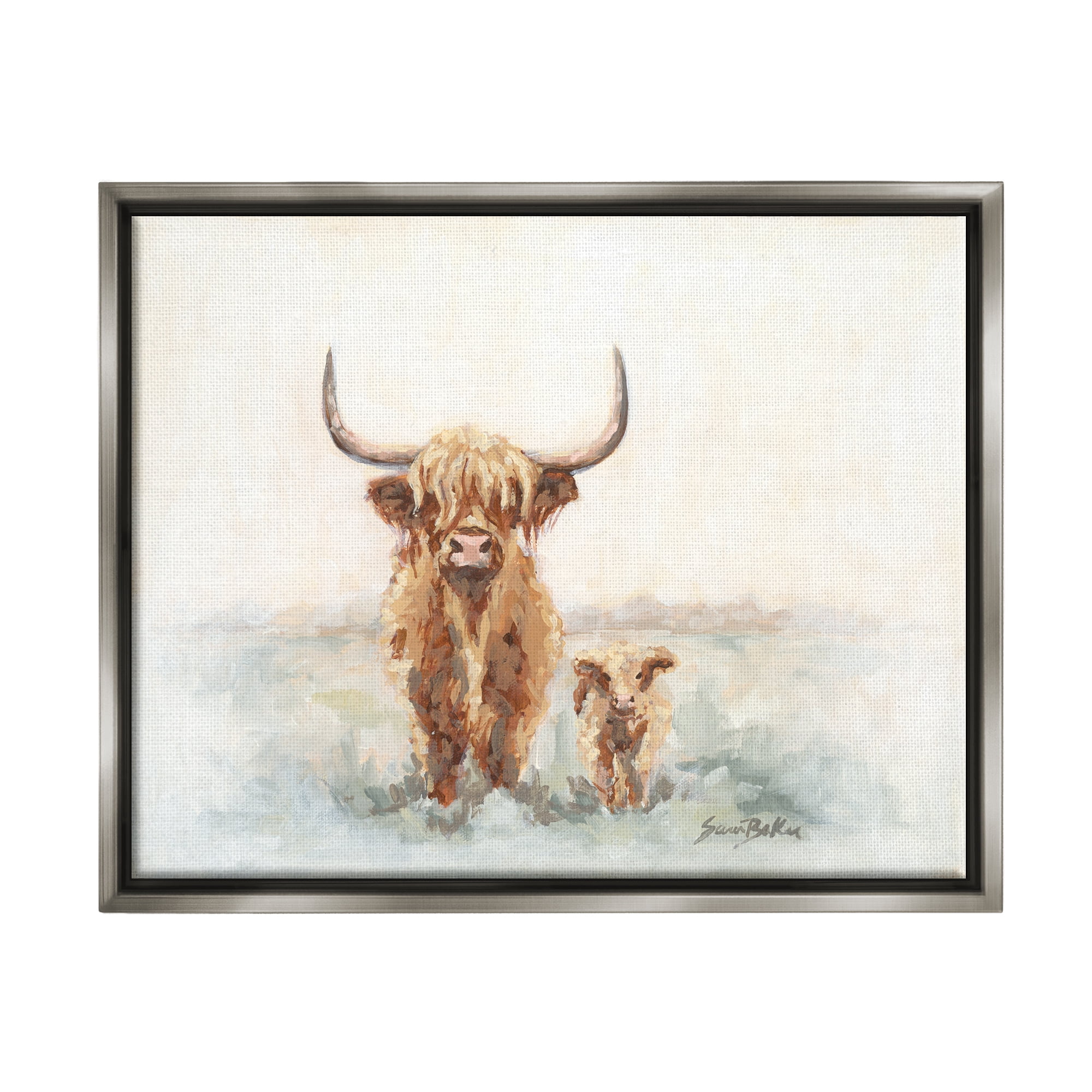 Stupell Highland Cattle & Baby Calf Rural Animals & Insects Painting Gray Floater Framed Art Print Wall Art