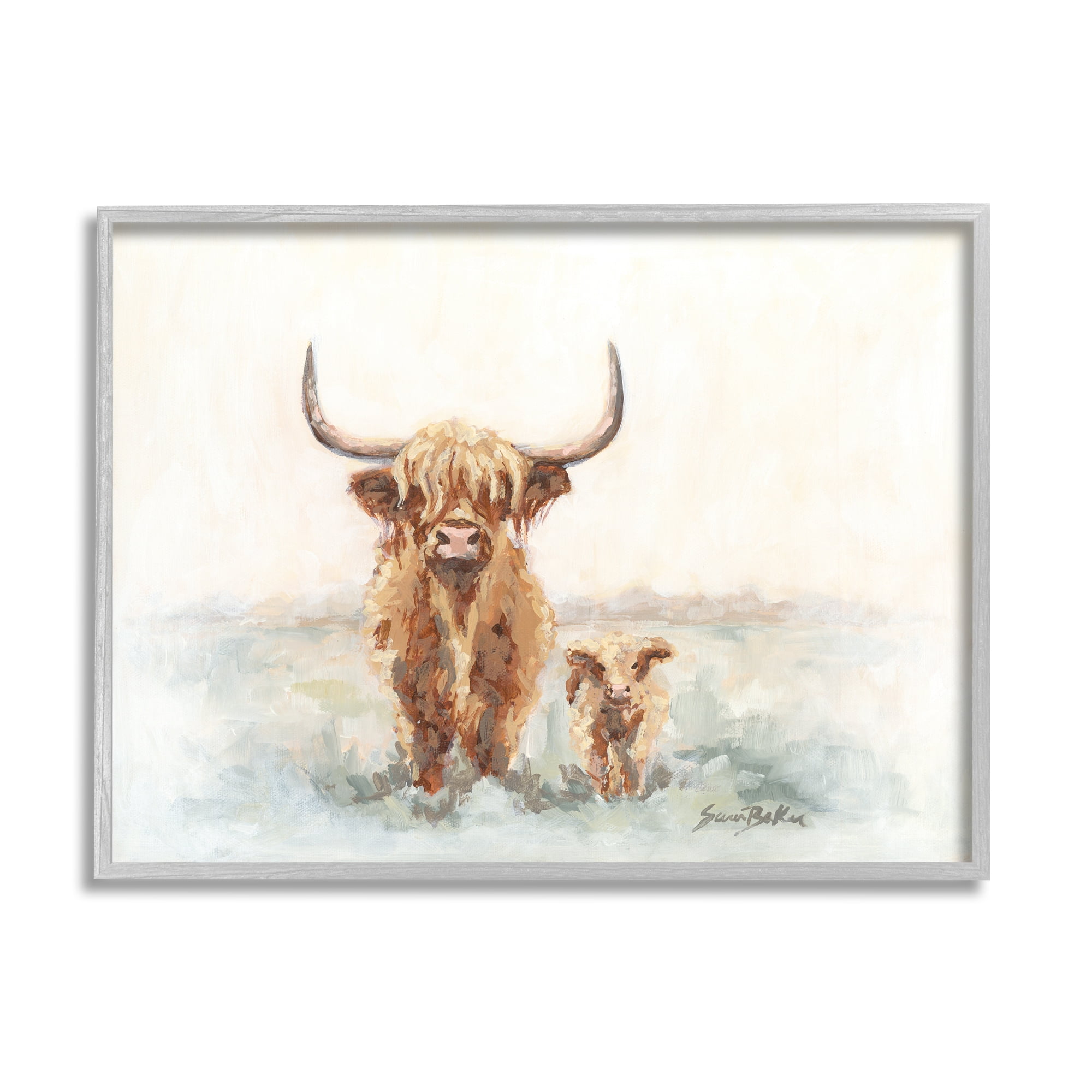 Stupell Highland Cattle & Baby Calf Rural Animals & Insects Painting Gray Framed Art Print Wall Art