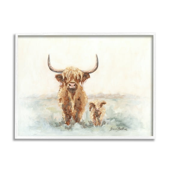 Stupell Highland Cattle & Baby Calf Rural Animals & Insects Painting White Framed Art Print Wall Art