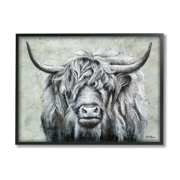Stupell Highland Cattle Distressed Rustic Animals & Insects Painting Black Framed Art Print Wall Art