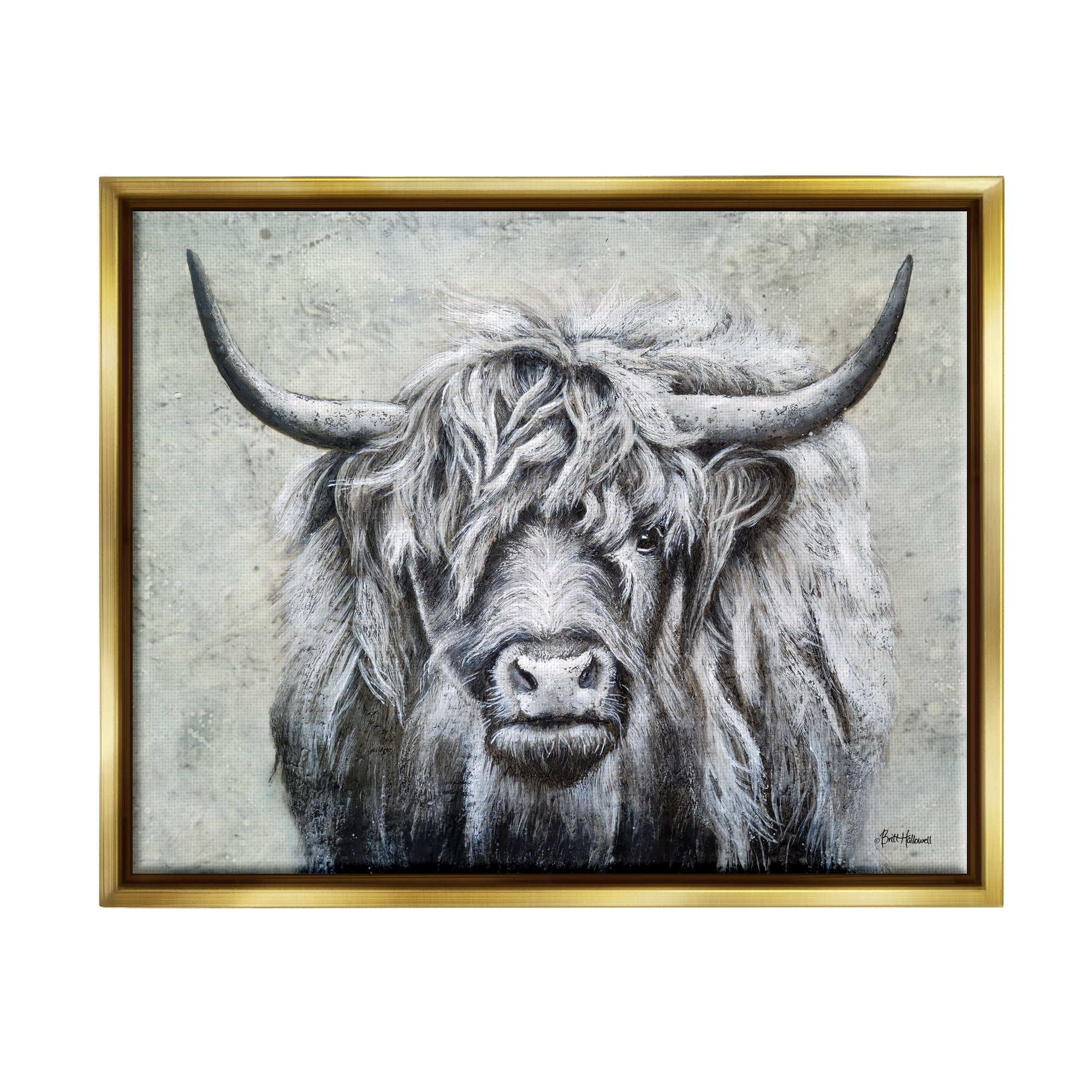 Stupell Highland Cattle Distressed Rustic Animals & Insects Painting Gold Floater Framed Art Print Wall Art