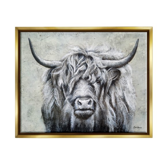 Stupell Highland Cattle Distressed Rustic Animals & Insects Painting Gold Floater Framed Art Print Wall Art