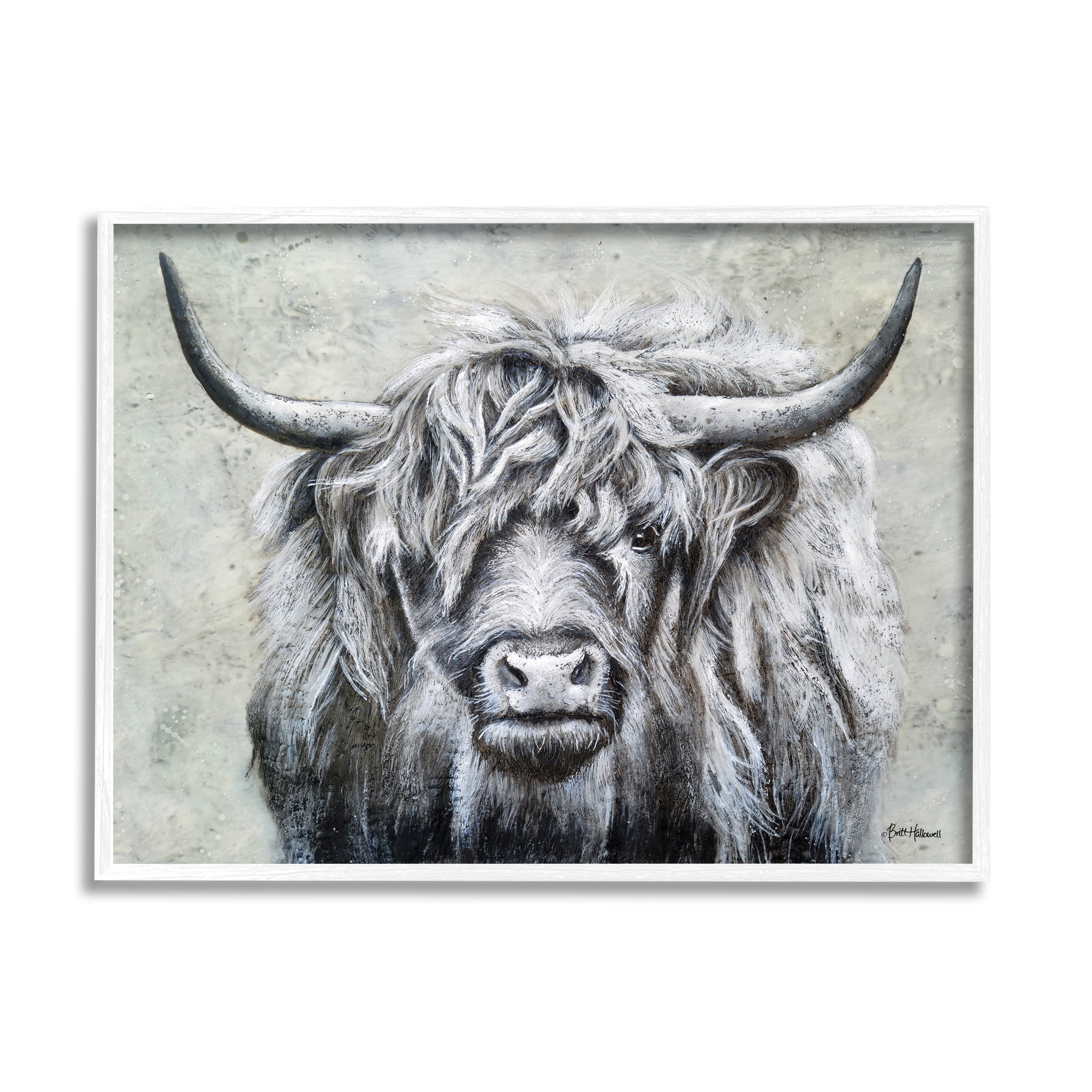 Stupell Highland Cattle Distressed Rustic Animals & Insects Painting White Framed Art Print Wall Art