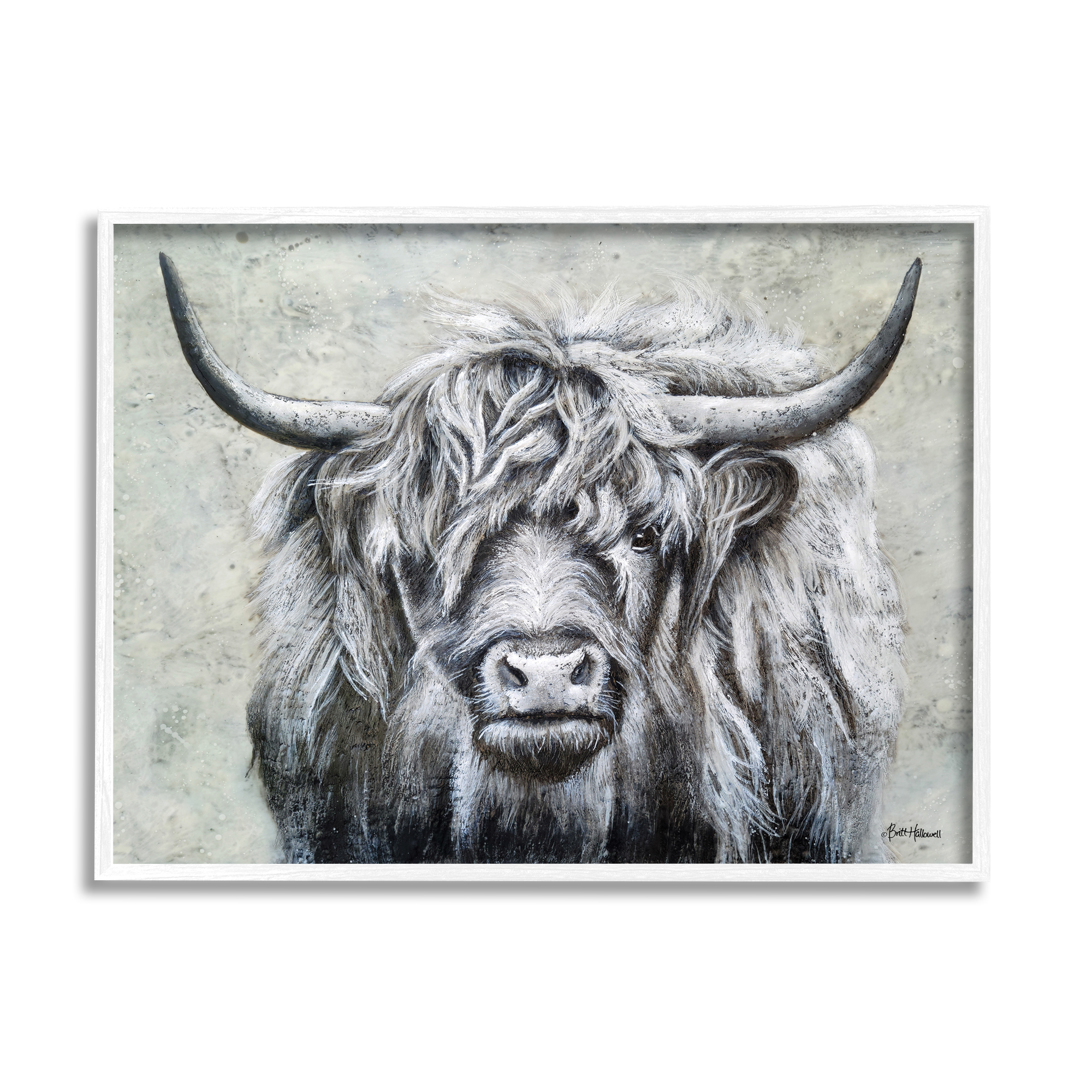 Stupell Highland Cattle Distressed Rustic Animals & Insects Painting White Framed Art Print Wall Art