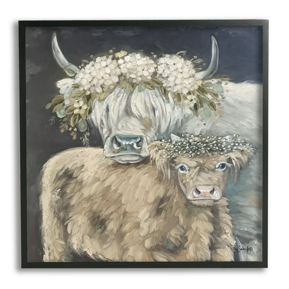 Stupell Highland Cattle Hydrangea Flower Garlands Animals & Insects Painting Black Framed Art Print Wall Art