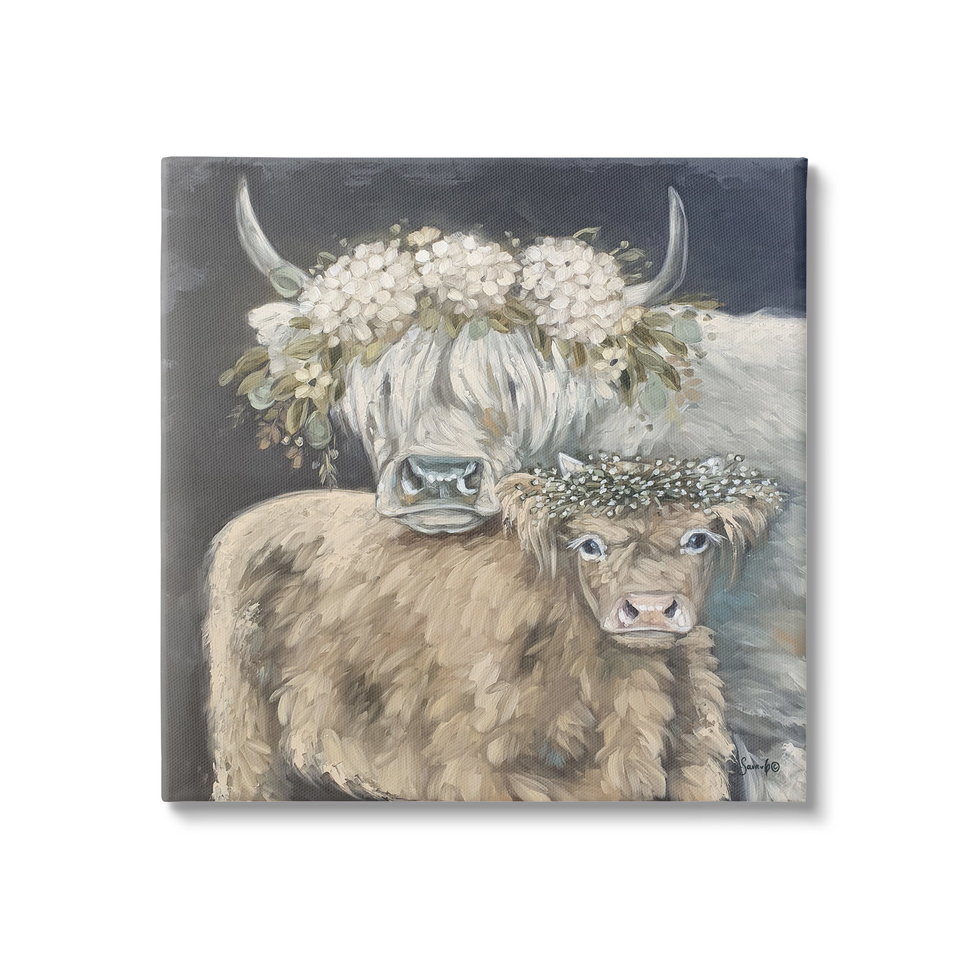 Stupell Highland Cattle Hydrangea Flower Garlands Animals & Insects Painting Gallery Wrapped Canvas Print Wall Art
