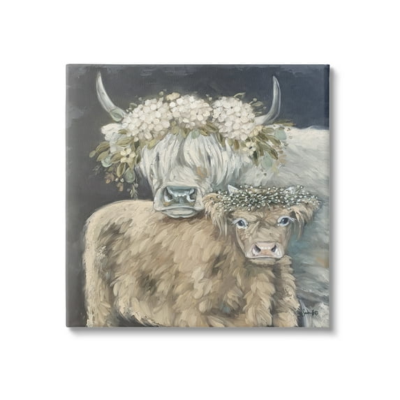 Stupell Highland Cattle Hydrangea Flower Garlands Animals & Insects Painting Gallery Wrapped Canvas Print Wall Art