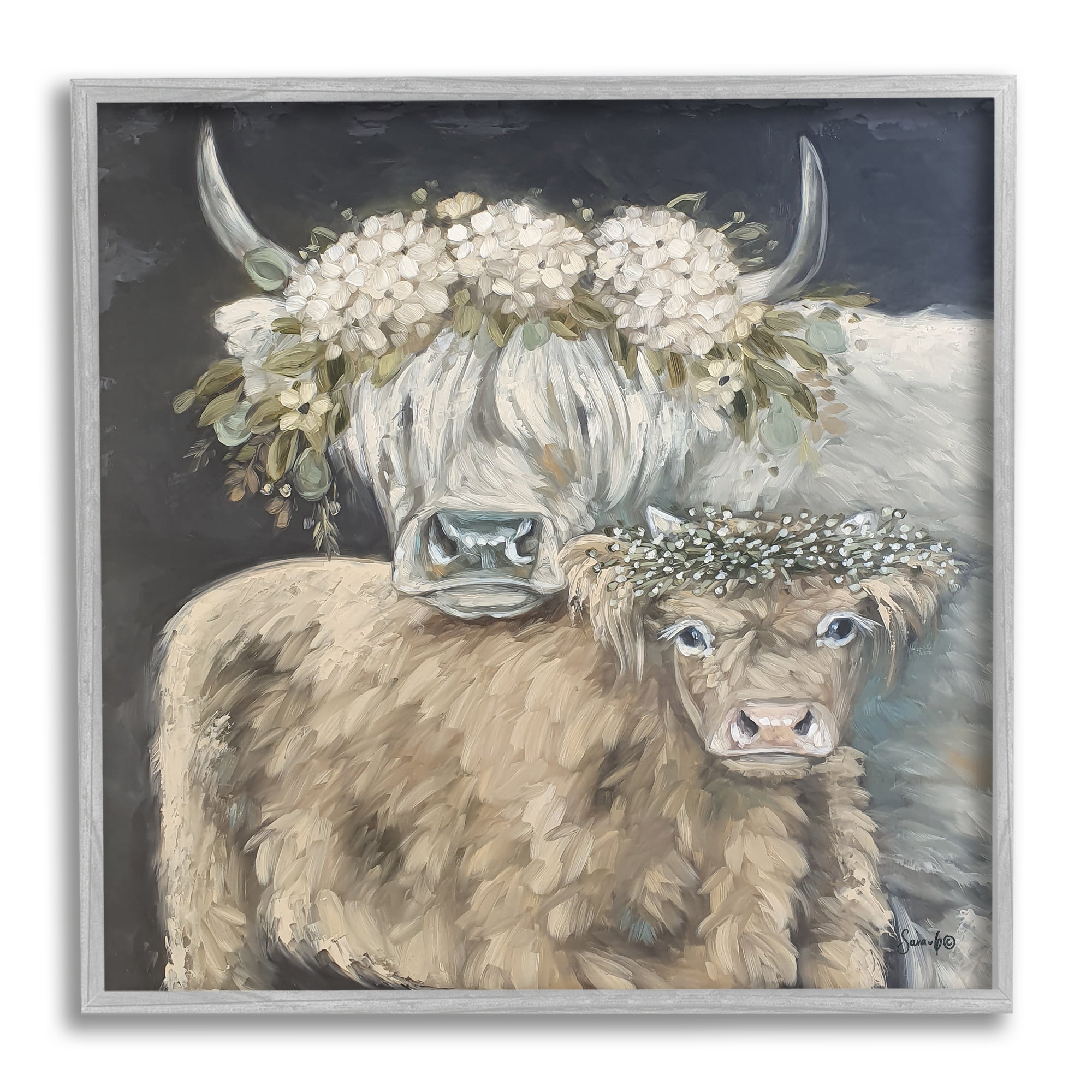 Stupell Highland Cattle Hydrangea Flower Garlands Animals & Insects Painting Gray Framed Art Print Wall Art