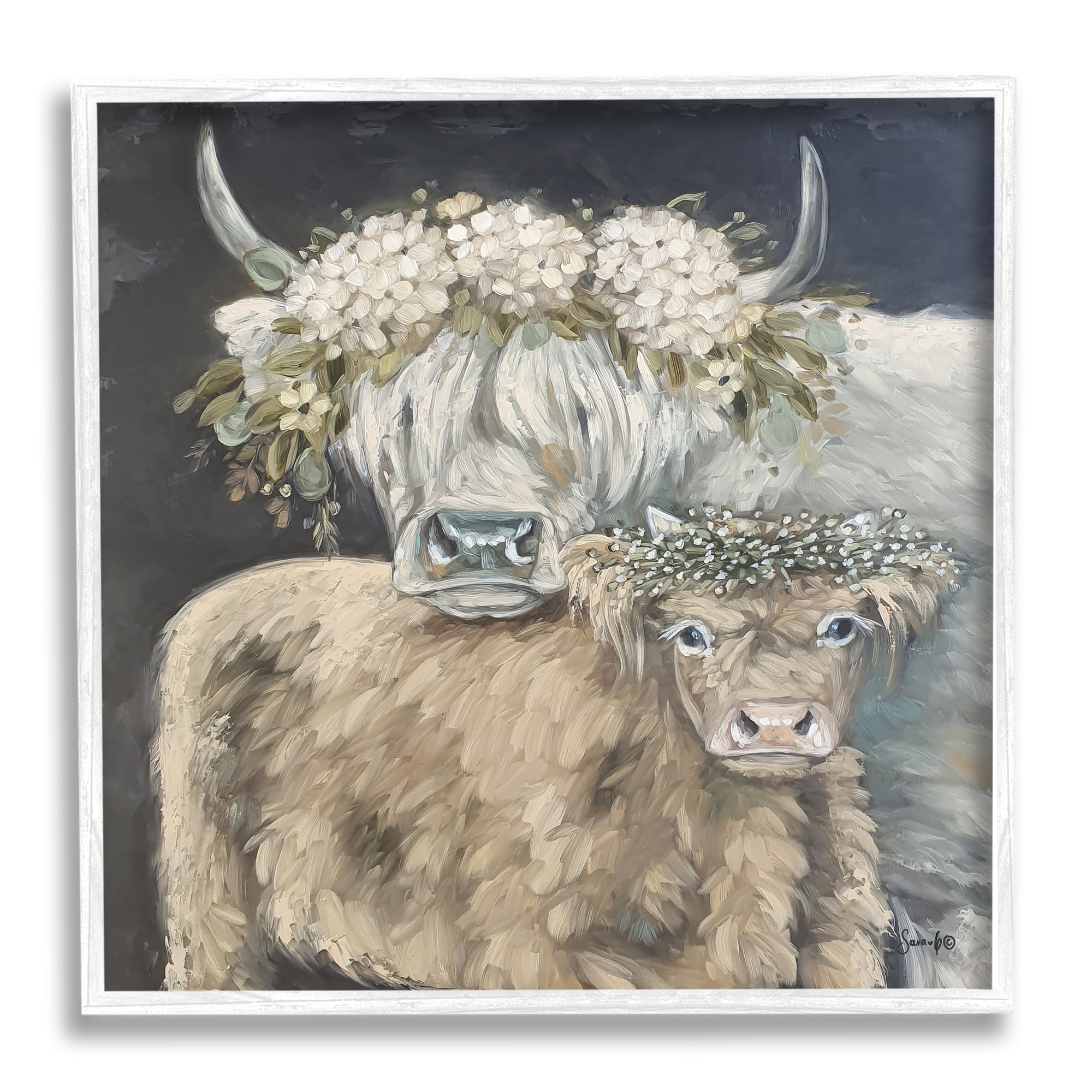 Stupell Highland Cattle Hydrangea Flower Garlands Animals & Insects Painting White Framed Art Print Wall Art