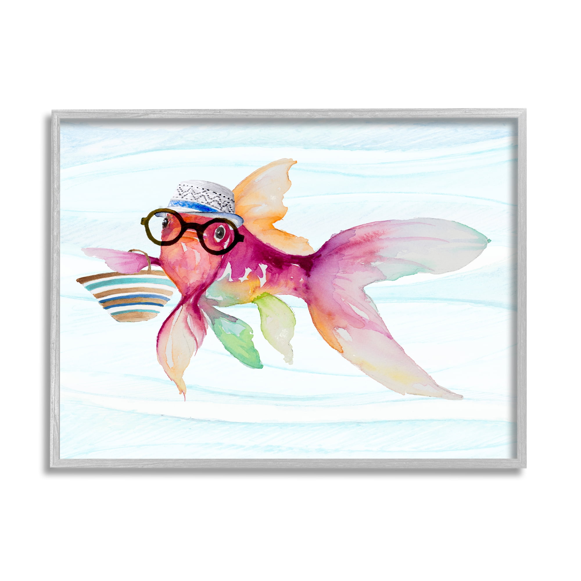 Stupell Hipster Fish Funny Sea Life Landscape Painting Gray Framed Art Print Wall Art