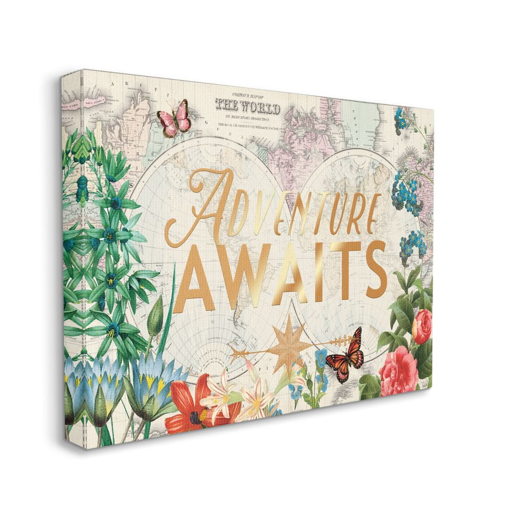Stupell Home Décor Adventure Awaits Globe Map Flower Word Design Canvas Wall Art by Ophelia and Company