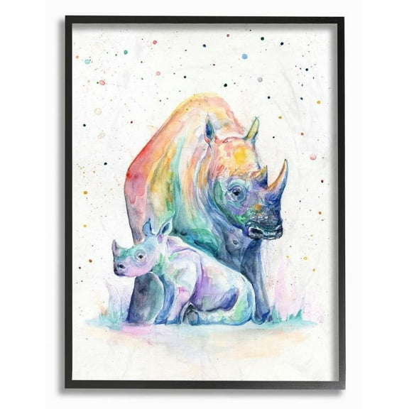 Stupell Industries Colorful Abstract Rhino Family Animal Watercolor Painting Framed Wall Art by Marc Allante