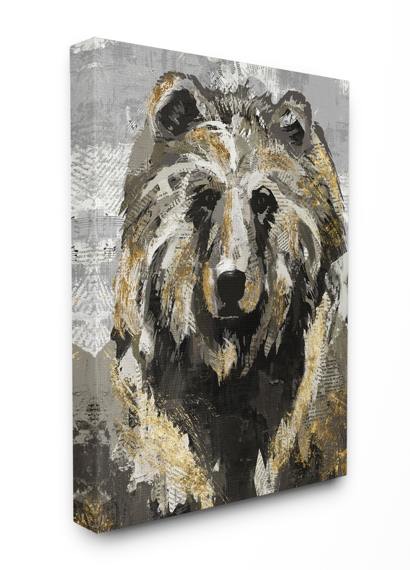 Stupell Home Décor Bear Newspaper Collage Gray Gold Design Canvas Wall Art by Main Line Studio